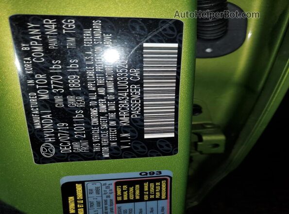 KMHRC8A34LU033520 2020 HYUNDAI VENUE Green Vista de la etiqueta del VIN