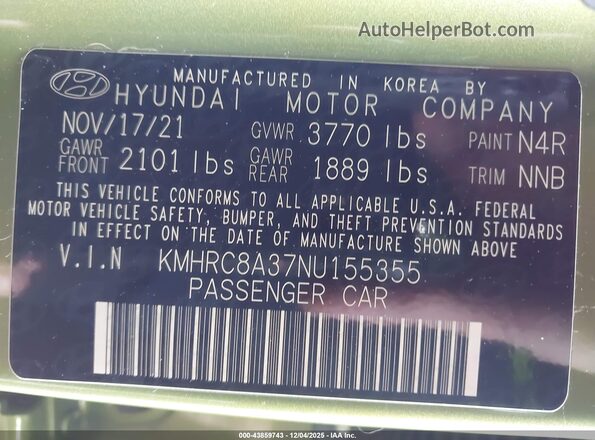 KMHRC8A37NU155355 2022 HYUNDAI VENUE Green Շարժիչի բաժամունքի տեսք