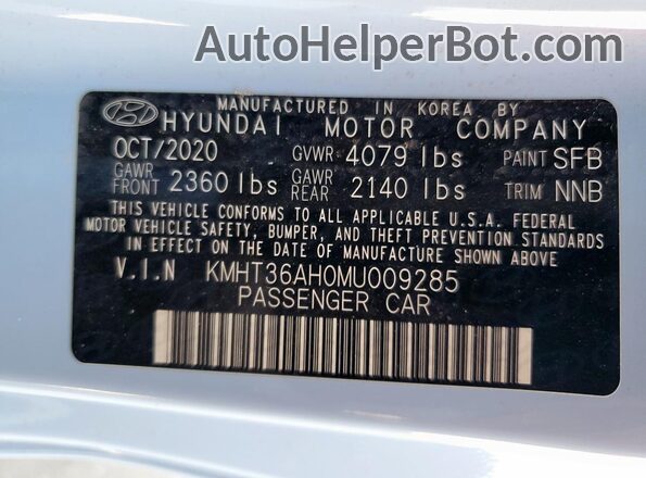 KMHT36AH0MU009285 2021 HYUNDAI VELOSTER Blue Вид наклейки з VIN-кодом