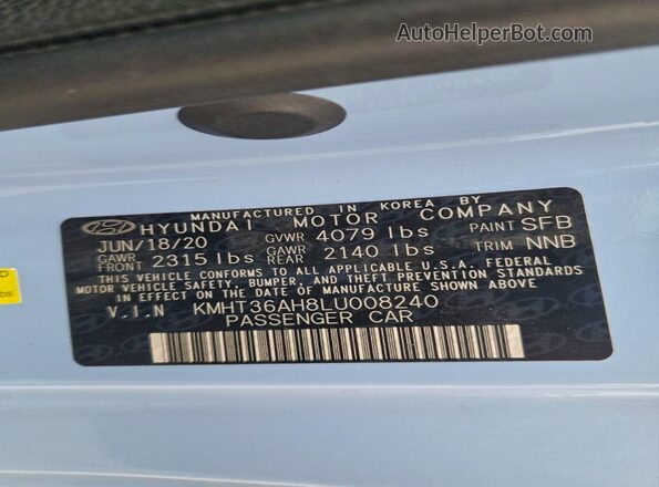 KMHT36AH8LU008240 2020 HYUNDAI VELOSTER Blue VIN կոդի պիտակի տեսք