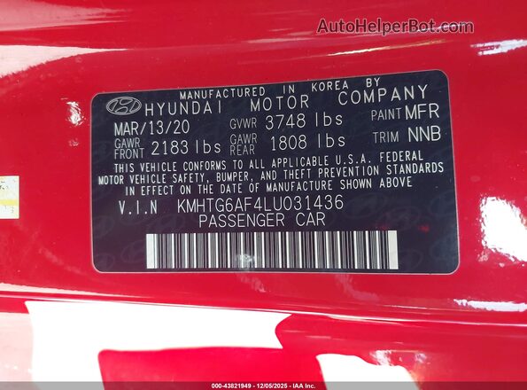 KMHTG6AF4LU031436 2020 HYUNDAI VELOSTER Red 