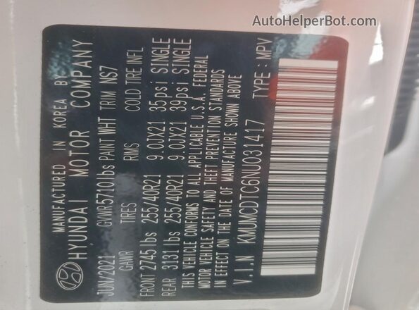 KMUMCDTC6NU031417 2022 GENESIS GV70 White VIN sticker view