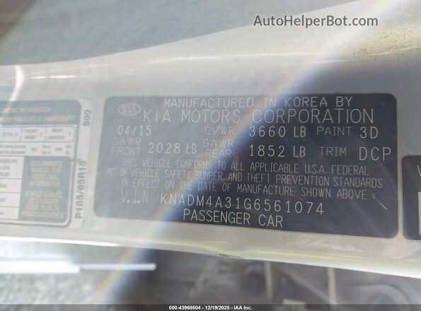 KNADM4A31G6561074 2016 KIA RIO Silver ძრავის განყოფილების ხედი