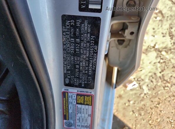KNADM4A37G6653371 2016 KIA RIO Silver Widok naklejki z numerem VIN