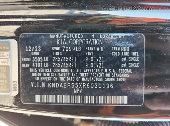 KNDAEFS5XR6030196 2024 KIA EV9 Черный Вид наклейки с VIN-кодом