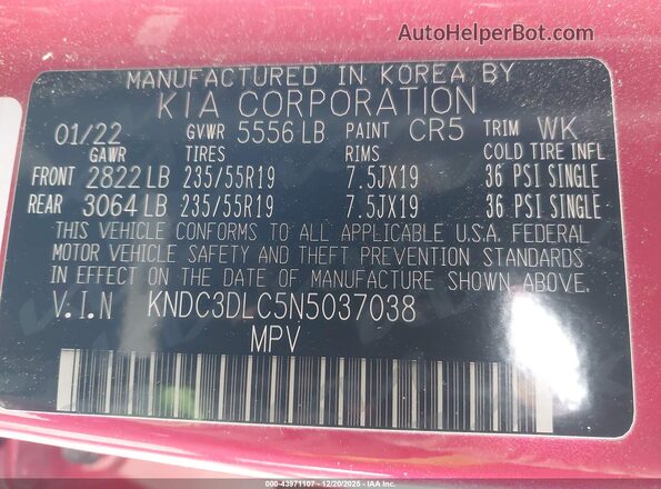 KNDC3DLC5N5037038 2022 KIA EV6 Red ძრავის განყოფილების ხედი