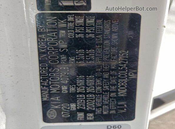 KNDCB3LC0L5427152 2020 KIA NIRO White VIN կոդի պիտակի տեսք