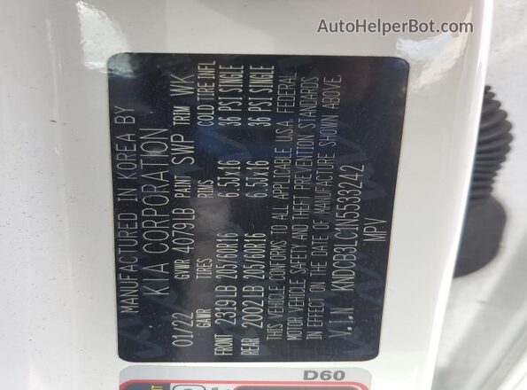 KNDCB3LC1N5533242 2022 KIA NIRO White Widok naklejki z numerem VIN
