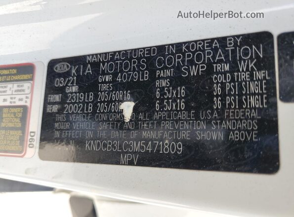 KNDCB3LC3M5471809 2021 KIA NIRO White Widok naklejki z numerem VIN