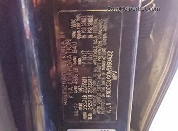 KNDCC3LG0N5160422 2022 KIA NIRO Black VIN sticker view
