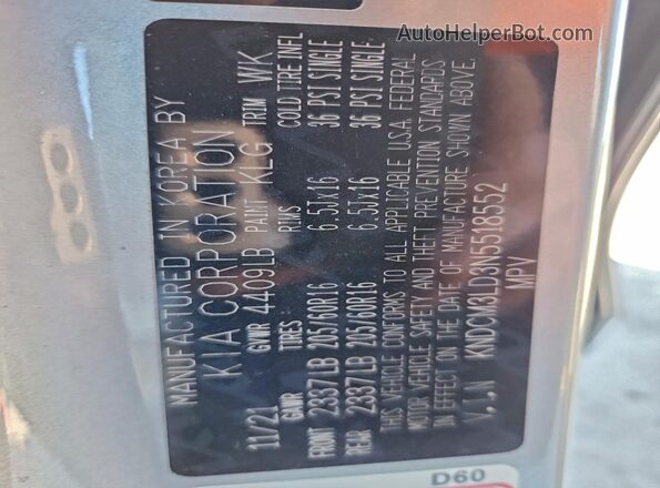 KNDCM3LD3N5518552 2022 KIA NIRO Silver Vista de la etiqueta del VIN