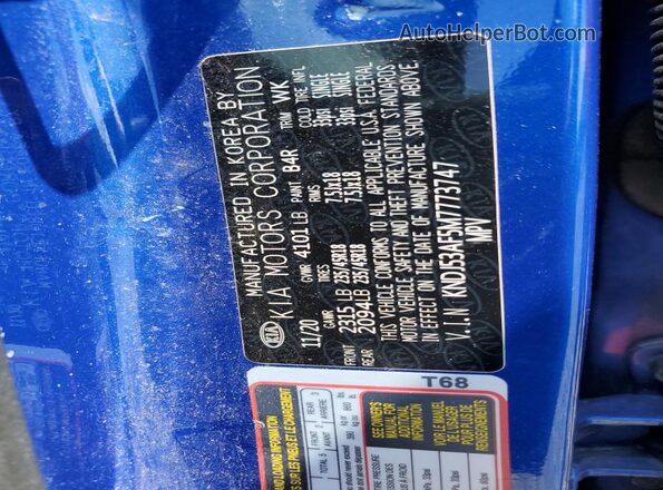 KNDJ53AF5M7773747 2021 KIA SOUL Blue VIN կոդի պիտակի տեսք