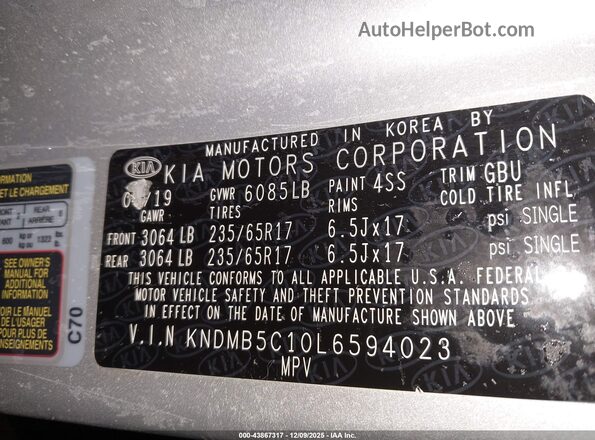 KNDMB5C10L6594023 2020 KIA SEDONA Серебряный 