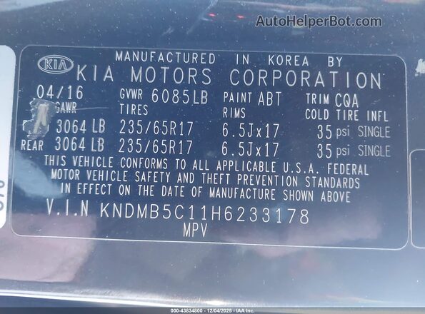 KNDMB5C11H6233178 2017 KIA SEDONA Gray Engine compartment view