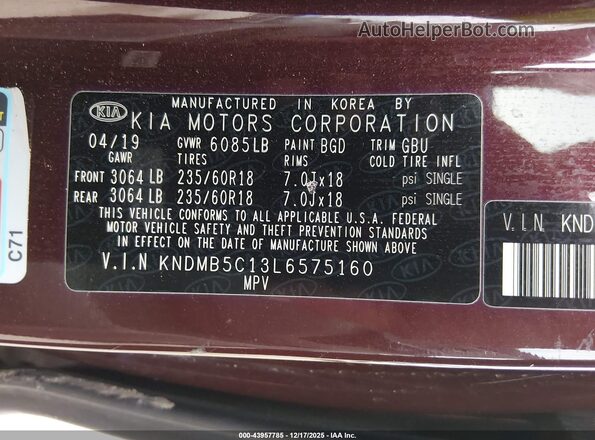 KNDMB5C13L6575160 2020 KIA SEDONA Темно-бордовый 