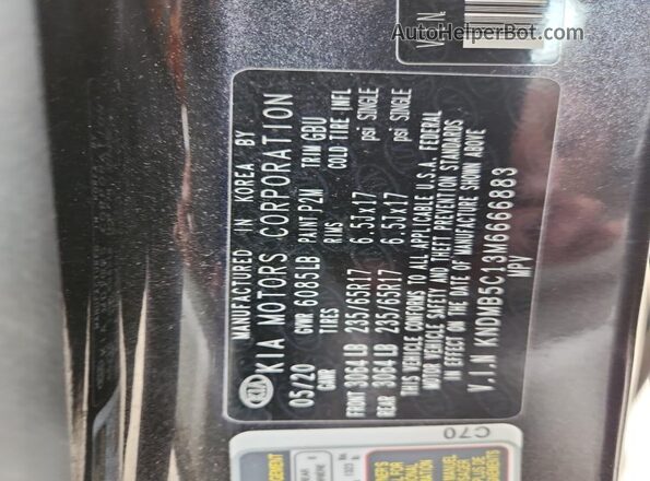 KNDMB5C13M6666883 2021 KIA SEDONA Gray Vista de la etiqueta del VIN