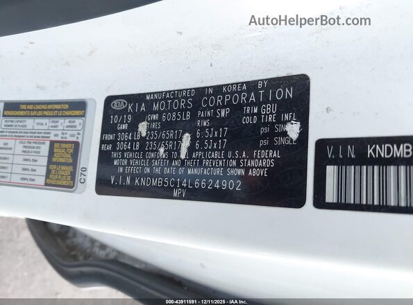 KNDMB5C14L6624902 2020 KIA SEDONA White ძრავის განყოფილების ხედი