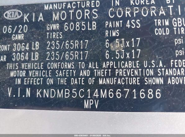KNDMB5C14M6671686 2021 KIA SEDONA Silver Вид підкапотного простору