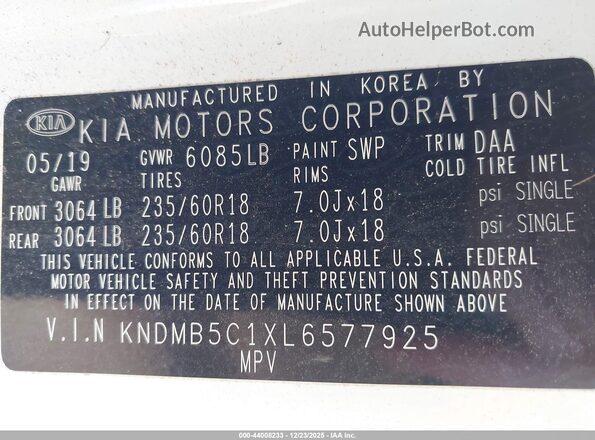 KNDMB5C1XL6577925 2020 KIA SEDONA Белый Вид подкапотного пространства