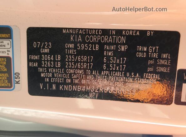 KNDNB4H32R6358653 2024 KIA CARNIVAL White VIN კოდის სტიკერის ხედი