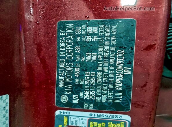 KNDP63AC0M7931702 2021 KIA SPORTAGE Red VIN կոդի պիտակի տեսք