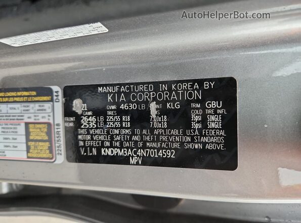 KNDPM3AC4N7014592 2022 KIA SPORTAGE Gray Вид наклейки з VIN-кодом