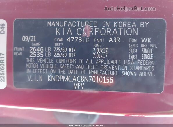 KNDPMCAC8N7010156 2022 KIA SPORTAGE Red ძრავის განყოფილების ხედი