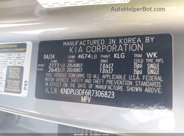 KNDPU3DF6R7306823 2024 KIA SPORTAGE Gray Vista del compartimento del motor
