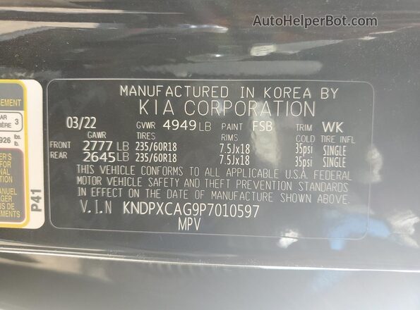 KNDPXCAG9P7010597 2023 KIA SPORTAGE Black VIN კოდის სტიკერის ხედი