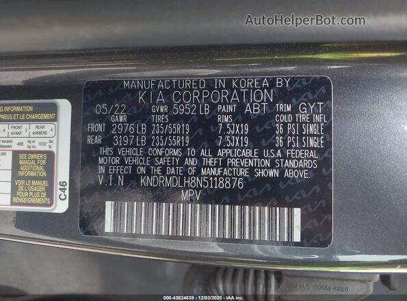 KNDRMDLH8N5118876 2022 KIA SORENTO PLUG-IN HYBRID Gray ძრავის განყოფილების ხედი