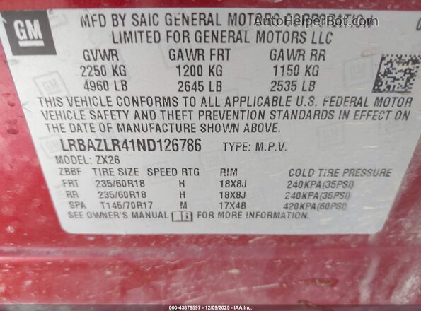 LRBAZLR41ND126786 2022 BUICK ENVISION Red Вид підкапотного простору