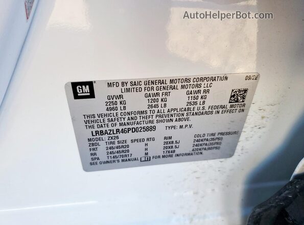 LRBAZLR46PD025889 2023 BUICK ENVISION White VIN կոդի պիտակի տեսք