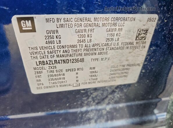 LRBAZLR47ND123648 2022 BUICK ENVISION Blue Widok naklejki z numerem VIN