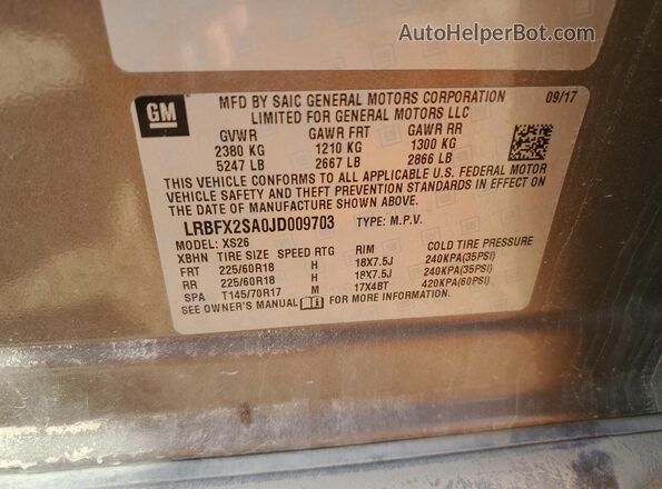 LRBFX2SA0JD009703 2018 BUICK ENVISION Gray VIN კოდის სტიკერის ხედი