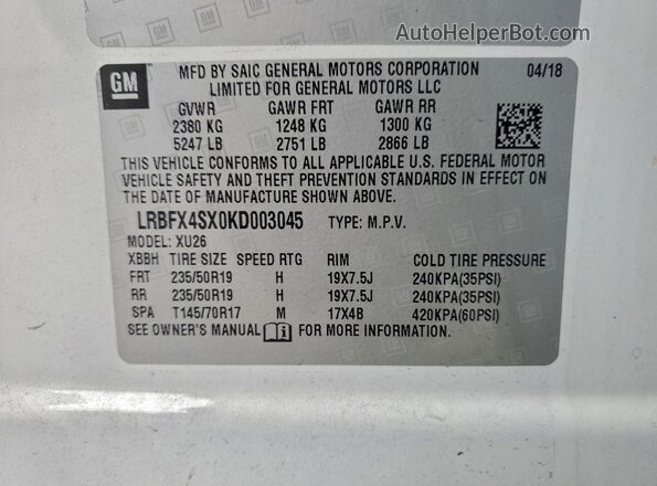 LRBFX4SX0KD003045 2019 BUICK ENVISION White VIN կոդի պիտակի տեսք