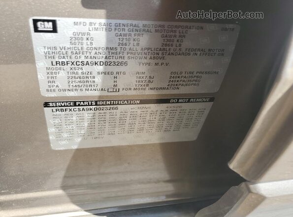 LRBFXCSA9KD023266 2019 BUICK ENVISION Brown VIN sticker view