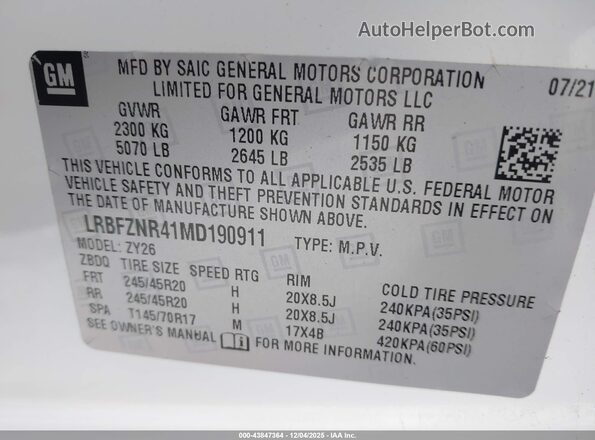 LRBFZNR41MD190911 2021 BUICK ENVISION White Engine compartment view