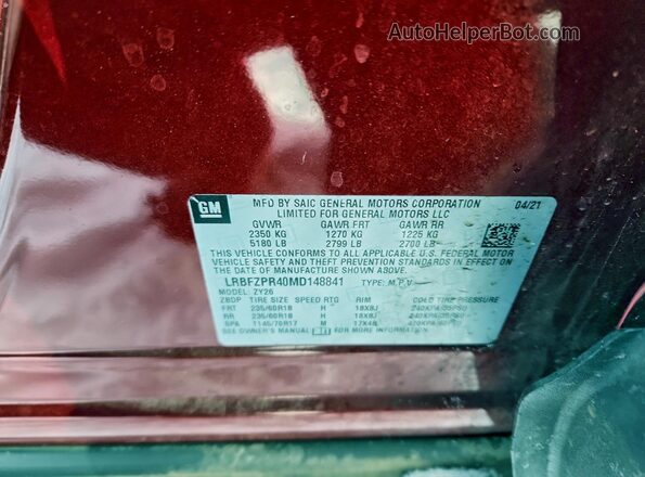 LRBFZPR40MD148841 2021 BUICK ENVISION Красный Вид наклейки с VIN-кодом