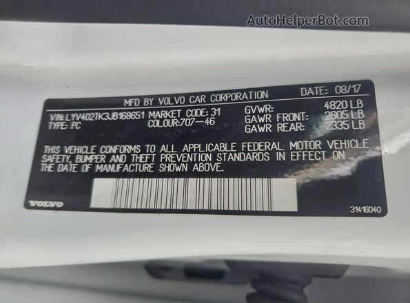 LYV402TK3JB168651 2018 VOLVO S60 White Շարժիչի բաժամունքի տեսք