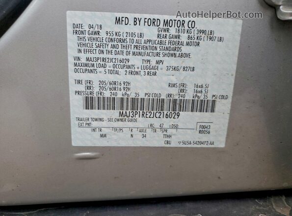 MAJ3P1RE2JC216029 2018 FORD ECOSPORT Silver Vista de la etiqueta del VIN