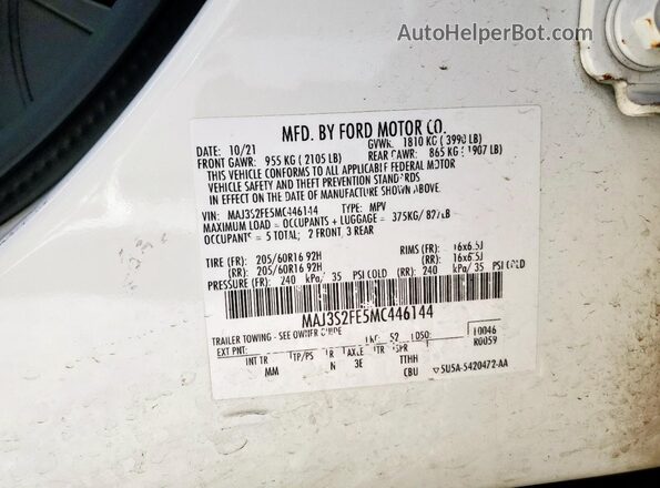 MAJ3S2FE5MC446144 2021 FORD ECOSPORT White 