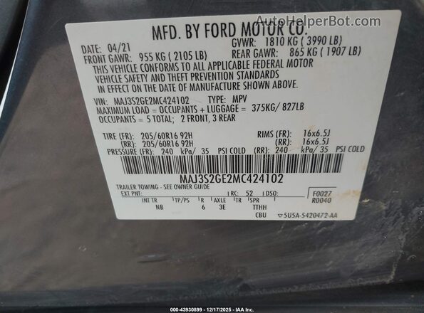 MAJ3S2GE2MC424102 2021 FORD ECOSPORT Серый 