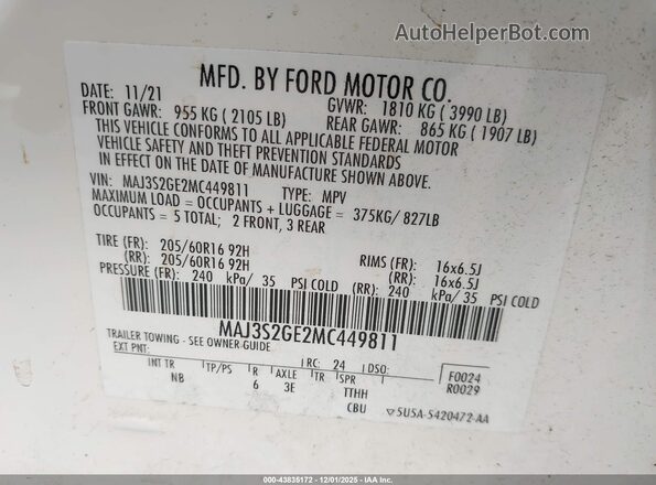 MAJ3S2GE2MC449811 2021 FORD ECOSPORT White 