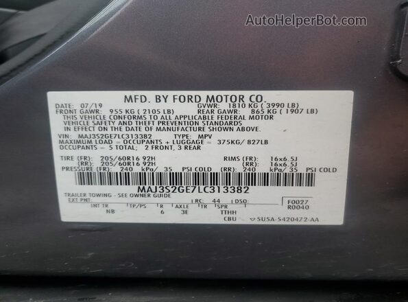 MAJ3S2GE7LC313382 2020 FORD ECOSPORT Charcoal VIN კოდის სტიკერის ხედი
