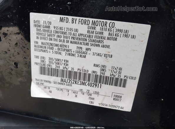 MAJ3S2KE3MC402911 2021 FORD ECOSPORT Black Widok komory silnika