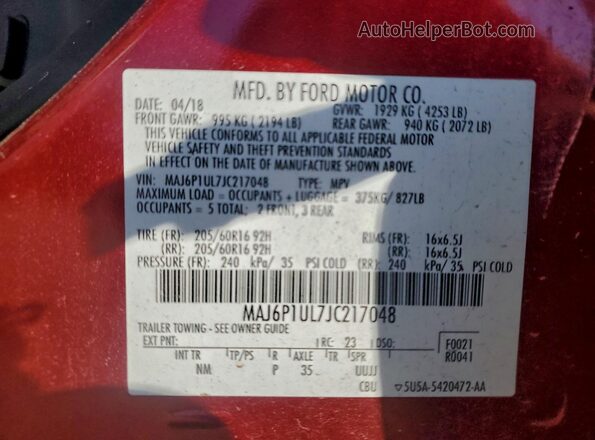 MAJ6P1UL7JC217048 2018 FORD ECOSPORT Red 
