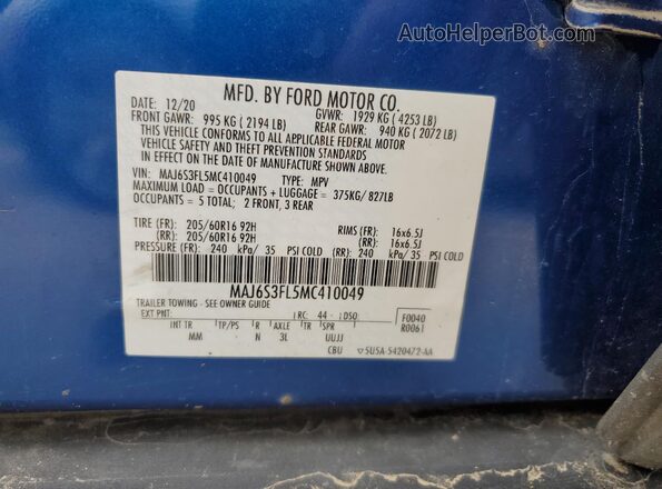 MAJ6S3FL5MC410049 2021 FORD ECOSPORT Blue 