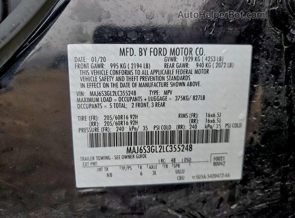 MAJ6S3GL2LC355248 2020 FORD ECOSPORT Black Vista de la etiqueta del VIN