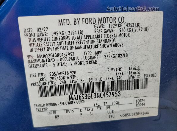 MAJ6S3GL3NC457953 2022 FORD ECOSPORT Blue VIN კოდის სტიკერის ხედი