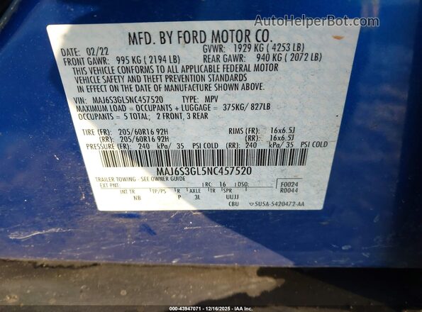 MAJ6S3GL5NC457520 2022 FORD ECOSPORT Blue Engine compartment view